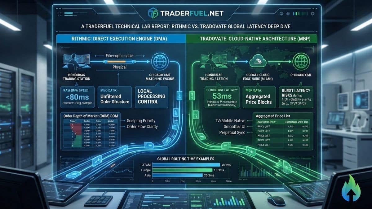 Infografía técnica comparando las arquitecturas de Rithmic vs Tradovate para prop firms de futuros