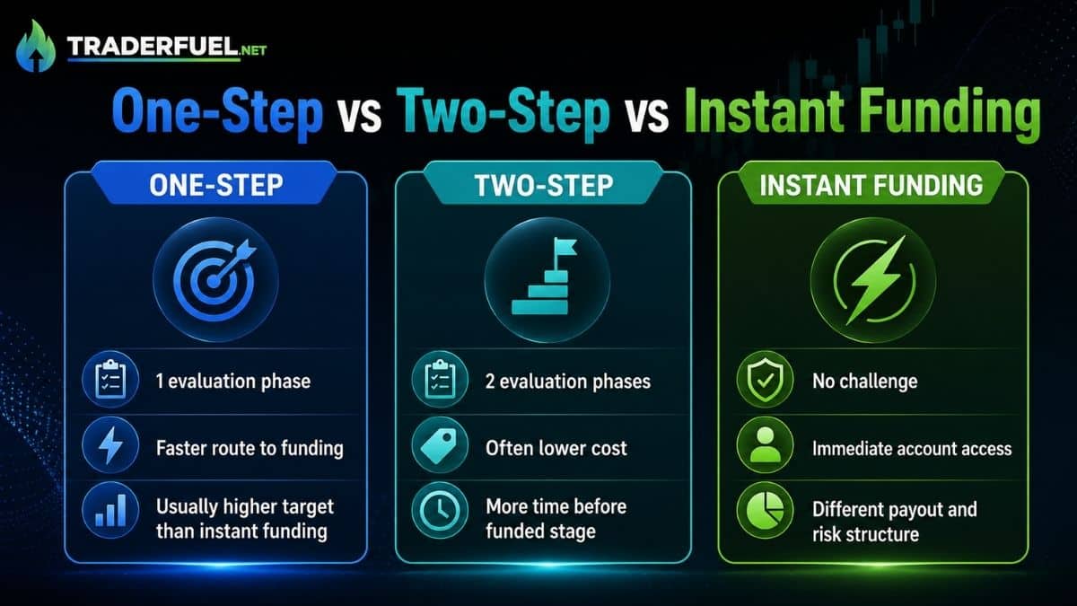 Comparação entre mesas proprietárias one-step, two-step e financiamento instantâneo